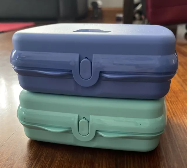 Tupperware Sandwich Keeper Lunch Box Set Of 2 Blue And Light Aqua New