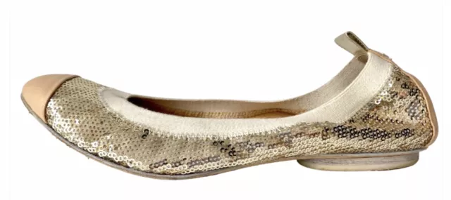 Chanel Ballet Flats Sz 41 10 Gold Sequins Cap Toe Lamb Skin Leather Genuine ❤️