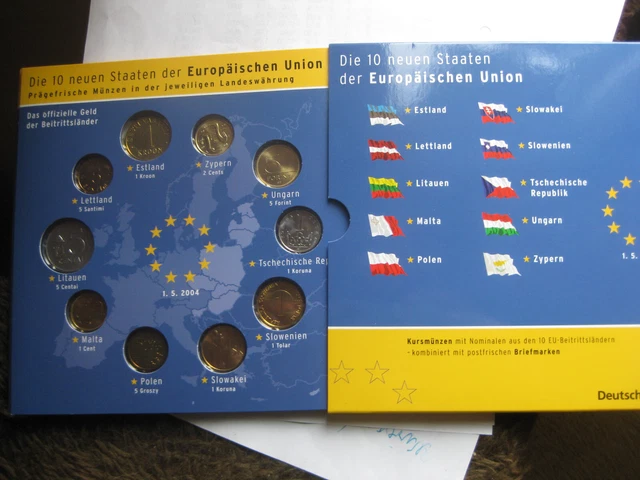 Die 10 Neuen Staaten der Europäischen Union 2004 Münzsatz u.Briefmarken.