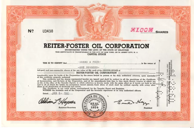 Reiter-Foster Oil Corp - Original Stock Certificate - 1960 - U3498