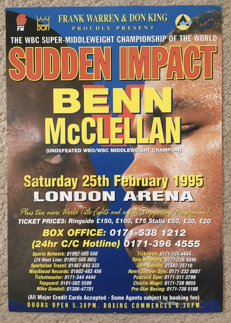 SUPERB RARE NIGEL BENN VS GERALD McCLELLAN AUTOGRAPHED HANDBILL POSTER 1995!!