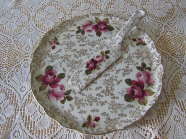 James Kent Ltd Old Foley cake plate and server red and pink roses gold filigree