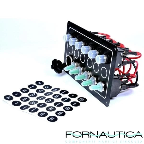 Pannello Elettrico Nautico Con 5 Interruttori Stagni + Presa Accendisigari - Nero