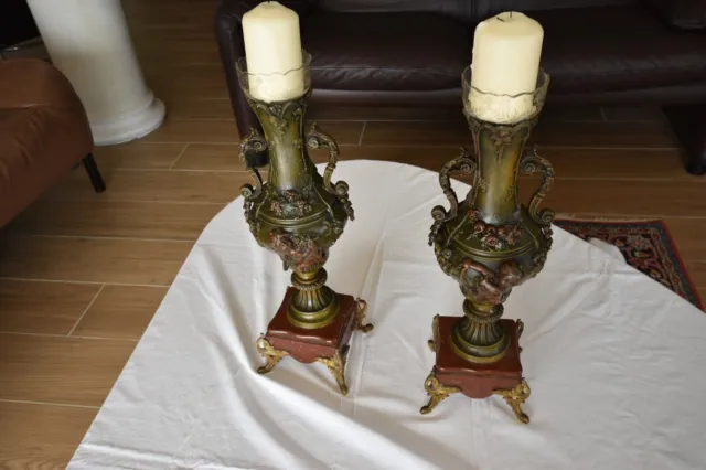 Pair of 19th century French antique Morello cherry and bronze candlesticks
