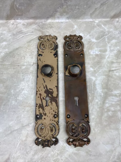 Antique Door Knob Back Plate Set Ornate Victorian Brass Bronze 10” x 2” Skeleton