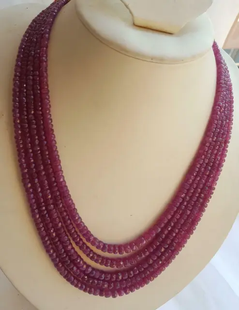 Sale!!, 100% Natural Precious Ruby Faceted Gemstone Beads 18" 5 Strand Necklace