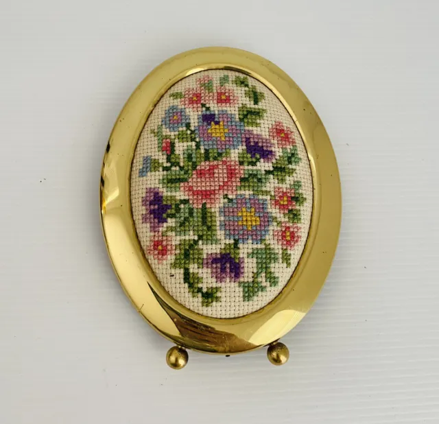 Vintage Framed Cross Stitch Stitched Flowers In Metal Gold Oval Frame Floral