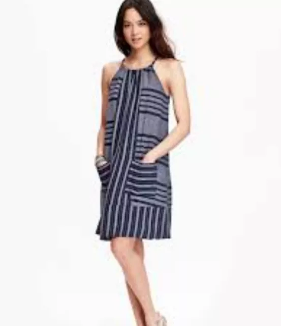 Old Navy Women's Sleeveless Shift Dress Blue Striped Pockets Size XL Linen Blend