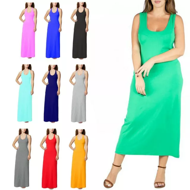 Womens Long Maxi Dress Ladies Stretch Jersey Plain Racer Muscle Back Vest 8-26