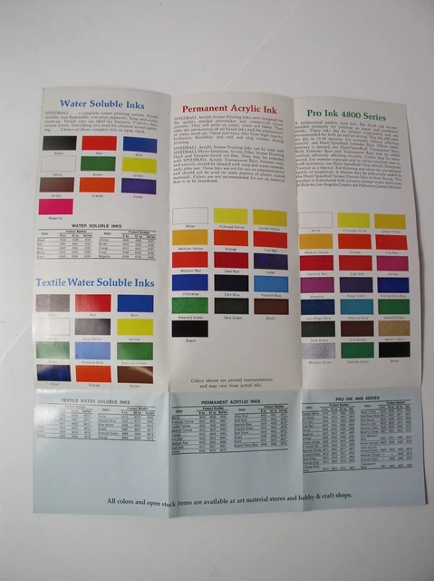 Folleto de tinta y tabla de colores para serigrafía de Hunt Speedball de colección