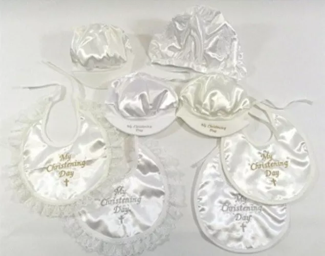 Baby Boys Girls Christening Baptism White Frilly Bibs Beaded Bonnet Hat Cap