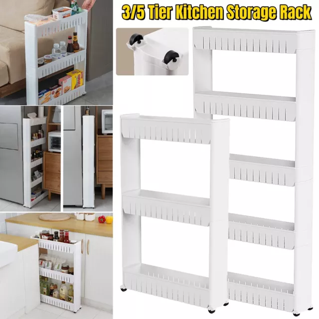 3/5 Tier Slim Slide Out Kitchen Trolley Cart Organizer Tower Storage Rack Wheels