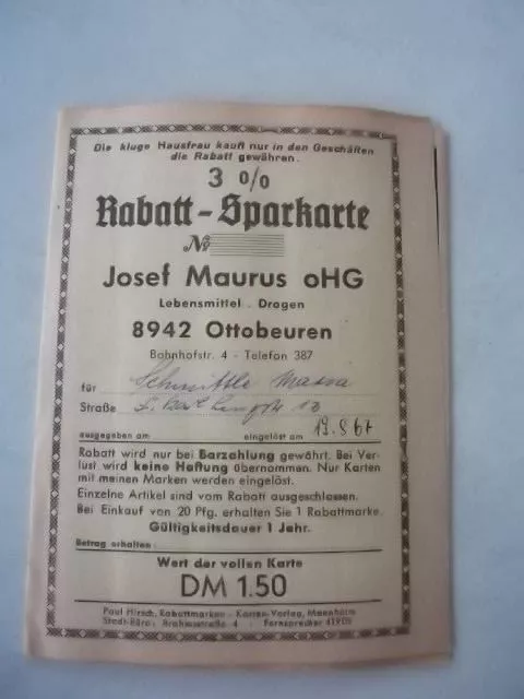 1 x Rabatt-Sparkarte Ottobeuren, Josef Maurus oHG, m. Marken, 1967, b. Memmingen
