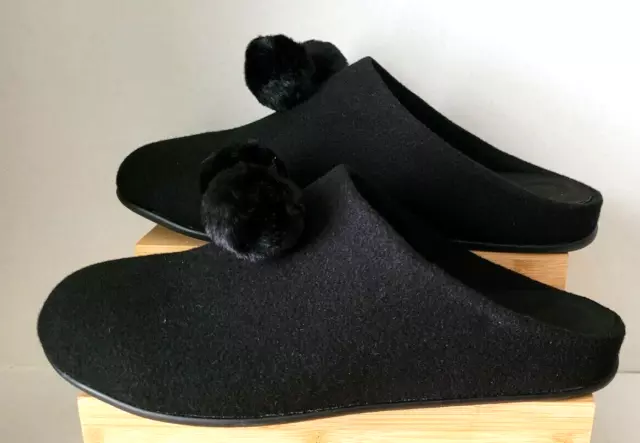 FITFLOP Chrissie Pom Pom Comfort Mule Slippers Black Size 9