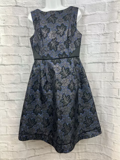 Oasis Jacquard Skater Dress Size 12 Fits 10 Blue Black Gold Floral Sleeveless