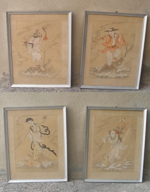 4 finely executed watercolors of Immortals. Painted on Silk. Ca. 1880.