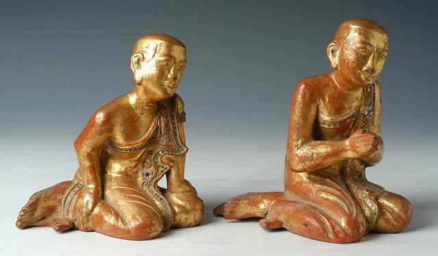19th Century, Mandalay, A Pair of Antique Burmese Wooden Seated Disciples 12