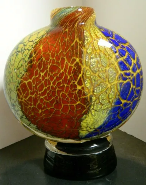 Hand Blown Dale Tiffany Footed Multicolor Cased Crackle Art Glass Vase Excellent