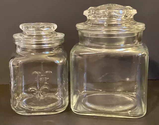 Vintage Clear Glass Jar Canister Organizer Glass Lids Lot Of 2 Fleur de Lis