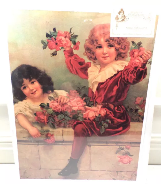 Victorian Lithograph Print Picture "Wall Of Roses" Children Boy And Girl 12X16