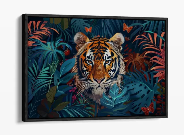 Folk Art Of Tiger In A Jungle 2 -Deep Float Effect Framed Canvas Wall Art Print