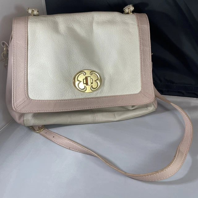 EMMA FOX Color Block Leather Convertible Medium Satchel Handbag Pink/Cream/White