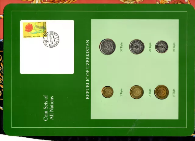 Coin Sets of All Nations Uzbekistan w/card UNC 1,3,5,10,20,50 Tiyin 1994