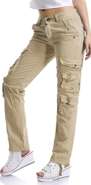 Women Cargo Pocket Pants Combat High Waist Straight Leg Trousers