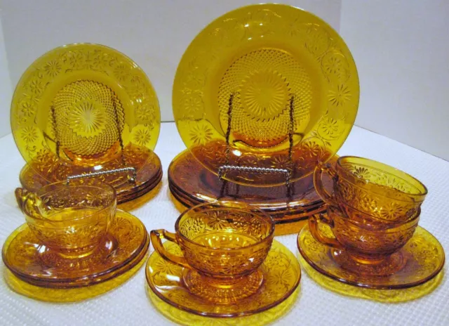 Indiana Glass Amber Daisy #620 Sandwich Plates, Saucers, 8 oz Cups, 16 piece Set