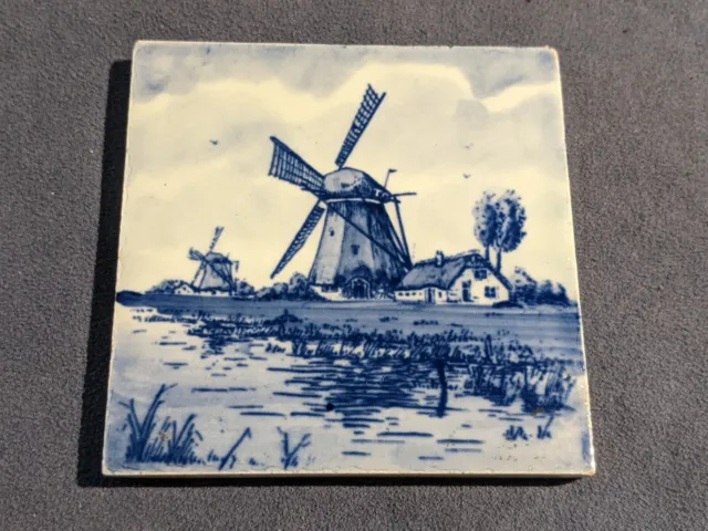 DELFT BLUE Holland Hand Painted Ceramic Tile Blue Dutch Windmill 3x3" (PL89)