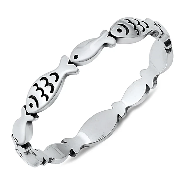3mm Ichthys Ichthus Christians Fishes Eternity Band Ring Solid 925 Sterling Silv