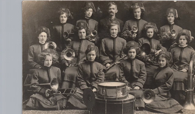 GIRLS MARCHING BAND reading mi real photo postcard rppc historic michigan