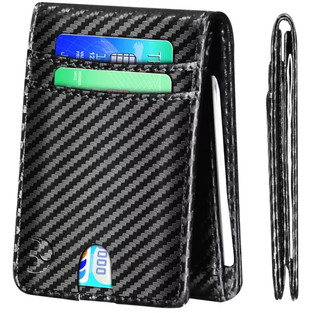 Carbon Fiber RFID Blocking Clip Wallet Money Slim Credit Card Holder Leather Men