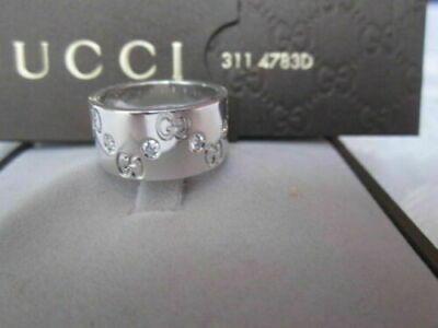 AUTH  Gucci 18K White Gold Icon Diamond Wide Band Ring IT 11/US 5.5