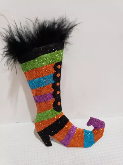 HALLOWEEN Pier 1 Glitter Feather Witch Boot Ornament