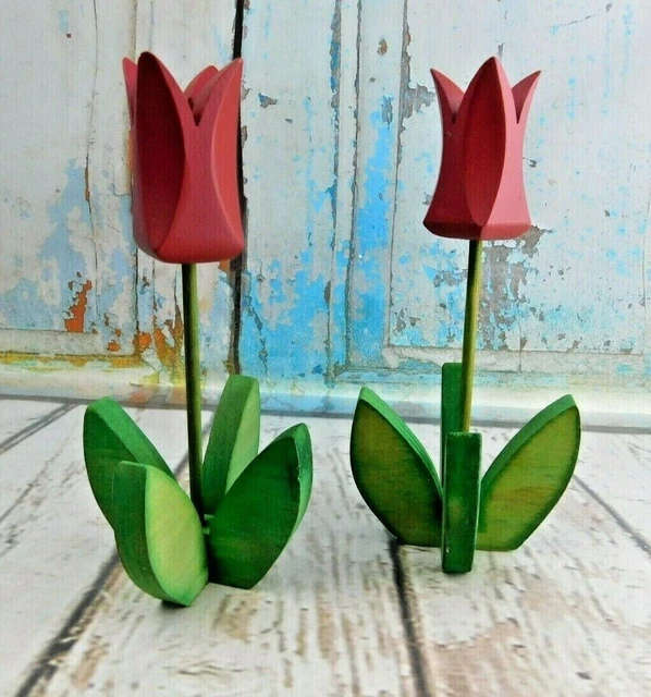 Candle Holders Impulse Giftware Wood Green Red Tulips Pair Lot 1988 Granny Chic