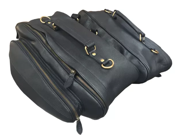 Motorcycle Luggage Storage Panniers Saddle Bags Black Bridle Leather Expandable3