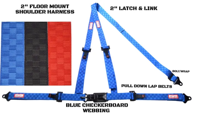 Sand Rail 2" Buggy Y Floor Mount 3 Point Seat Belt Harness Blue Checkerboard