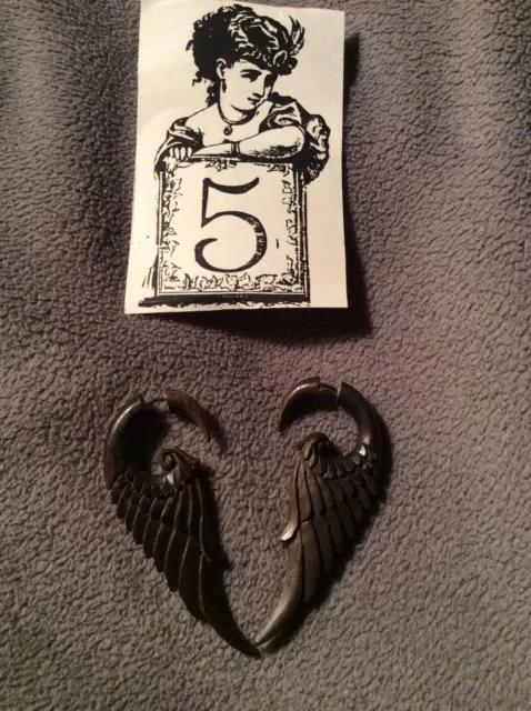 Fake Spirale Wings carved Wood Ear Piercing earrings Angel wing Pair