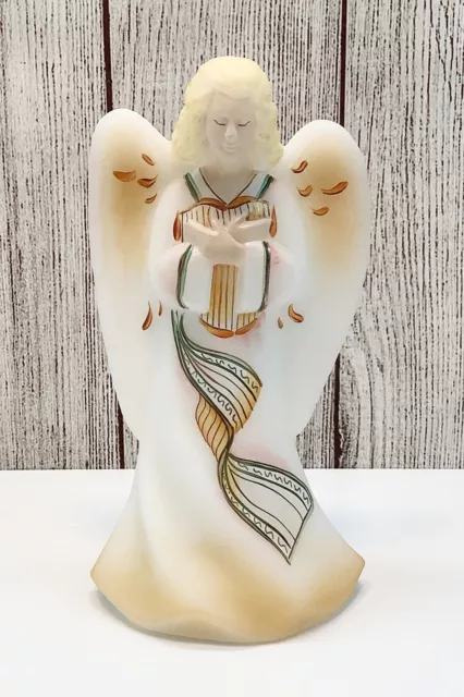 Fenton Art Glass Burmese Satin Angel w/Harp Limited Edition 8” Signed