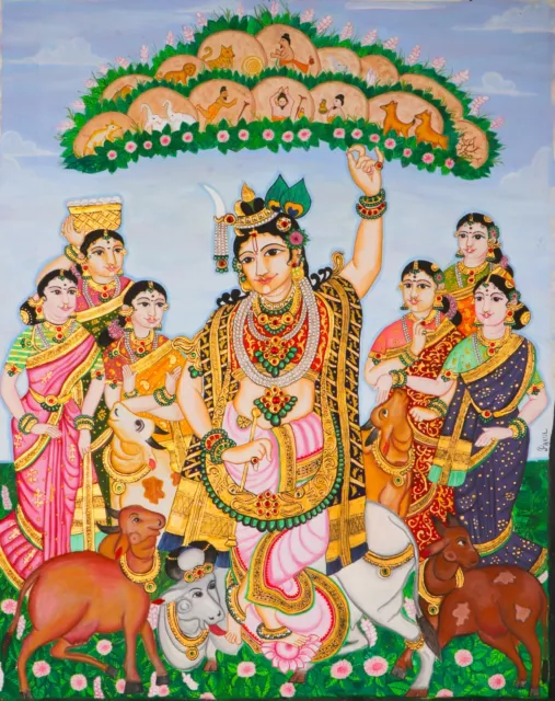 Lord Krishna Painting Real gold Handmade Indian Traditional Mysore Govardhan