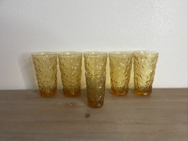 Vtg Mid Cen Anchor Hocking Amber Lido Milano Crinkle Drinking Glass Cup Set Of 6