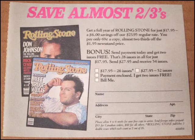 1987 Rolling Stone Blank Subscription Card Bruce Willis 1986 Cover 5.25"x4"