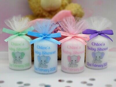 Baby Shower Personalised Candle Favour Cute Elephant 6cm x 4cm Sets 10, 15