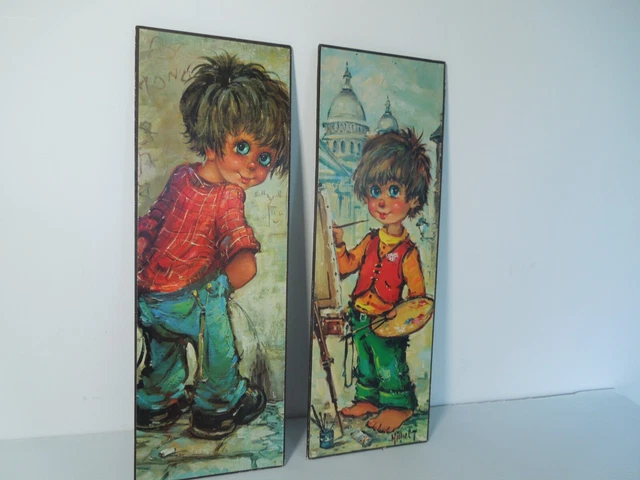 2 Vintage Michel Thomas Big Eyed Children Pictures 1960s? Kitsch 44cm H x 15cm W