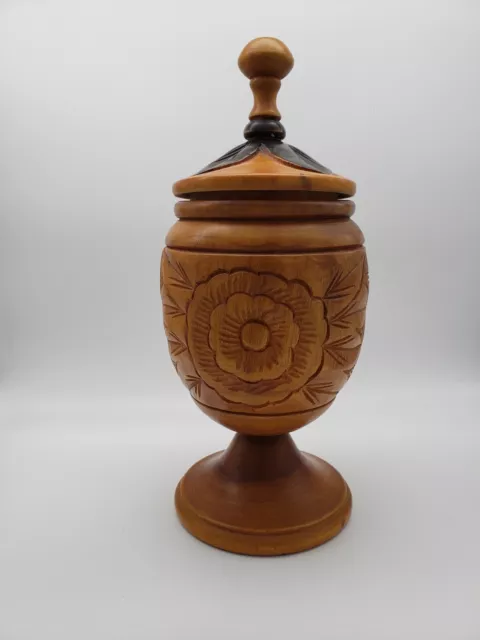 Vintage Hand Carved Floral Urn Vase with Cover, Floral, Large, Wooden Vase