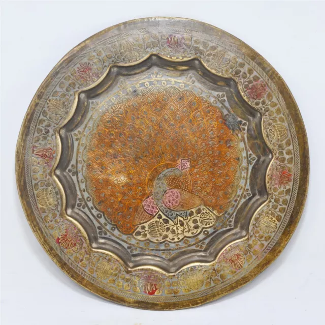 Antik Messing Rund Dekorativ Platte Original Alt Fein Pfau Blumenmuster Graviert