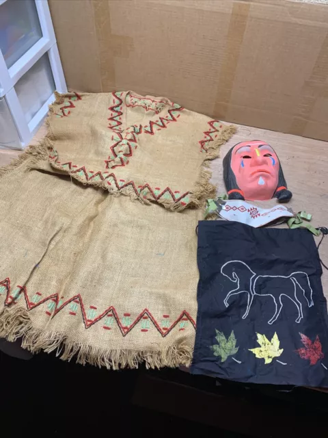 Vintage Native American Indian Halloween Costume Mask Dress Loin Cloth Belt