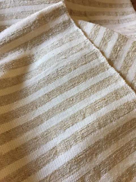 Antique French or European Nubby Loom Woven Linen Hemp Fabric ~ Tan Stripe