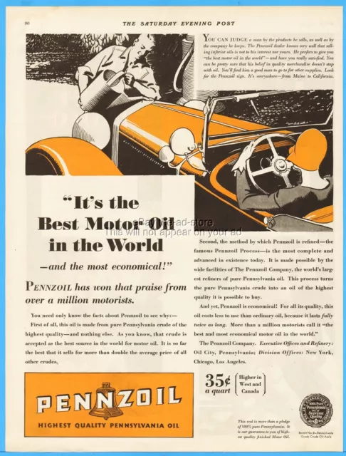 1929 Pennzoil Motor Oil City PA 1920's Woman Cloche Hat Antique Car Service Ad